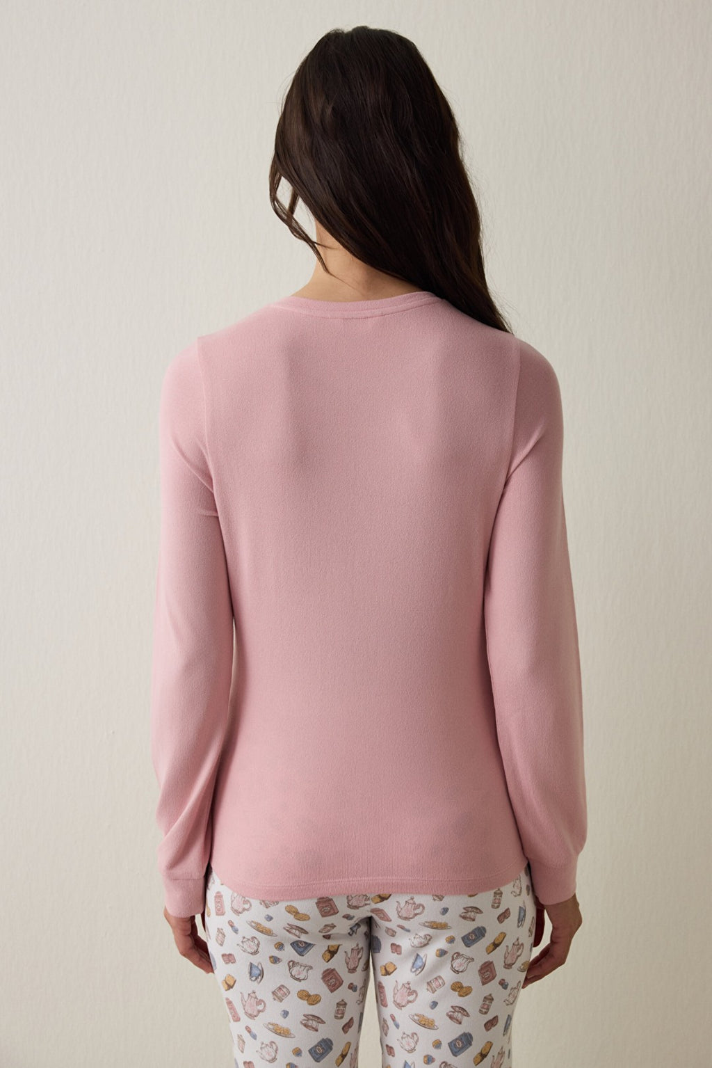 Pink Tea Party Drink Patterned Crew Neck Long Sleeve Pajama Top