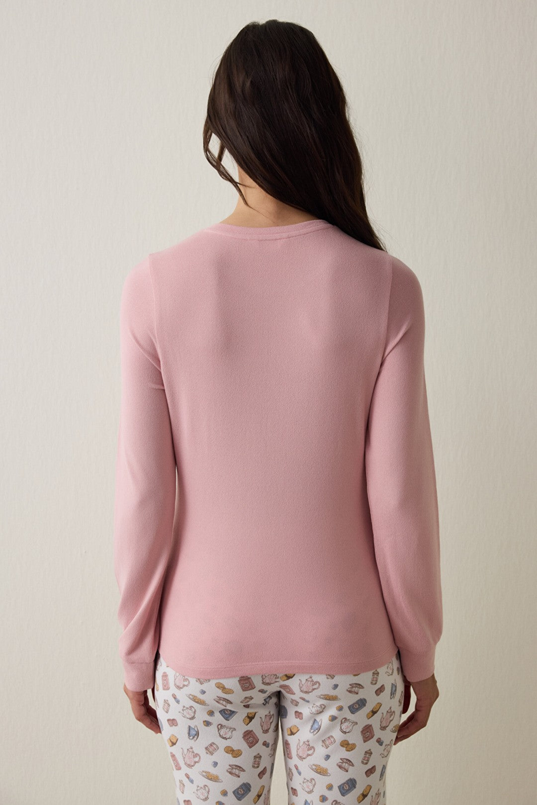 Pink Tea Party Drink Patterned Crew Neck Long Sleeve Pajama Top