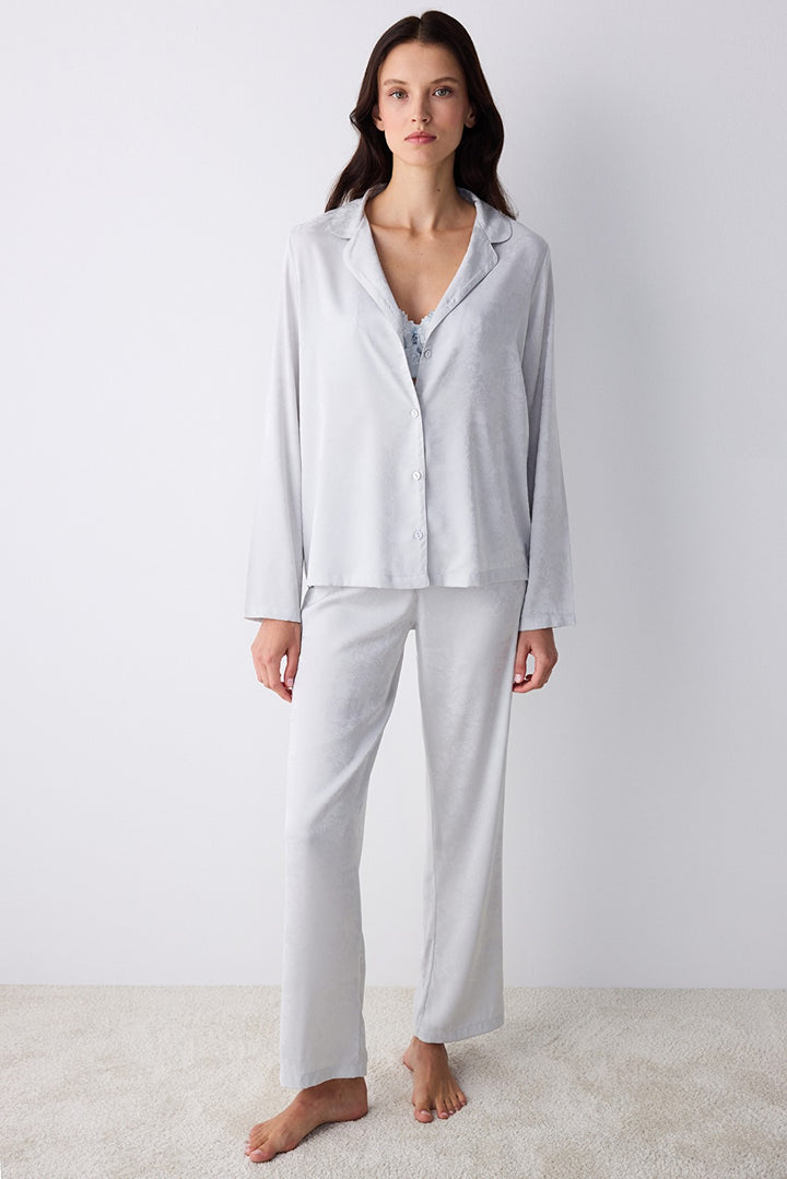 Aura Satin Light Grey Buttoned Shirt Pants Pajama Set