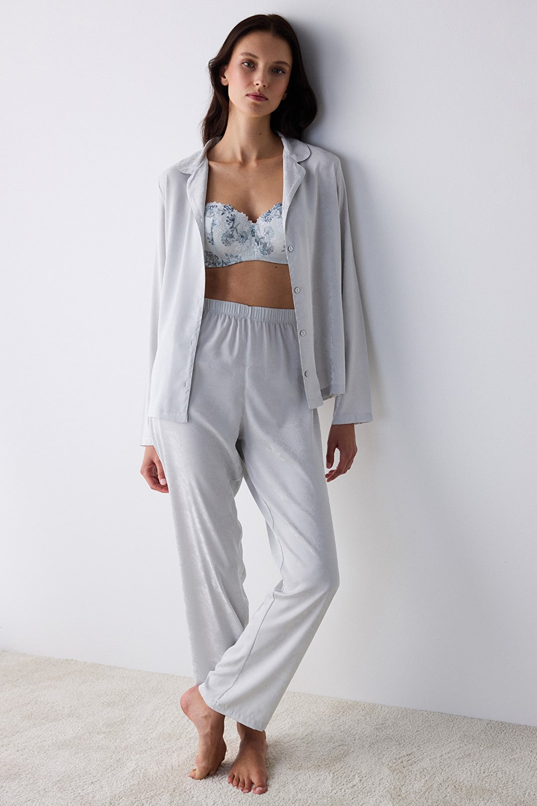 Aura Satin Light Grey Buttoned Shirt Pants Pajama Set