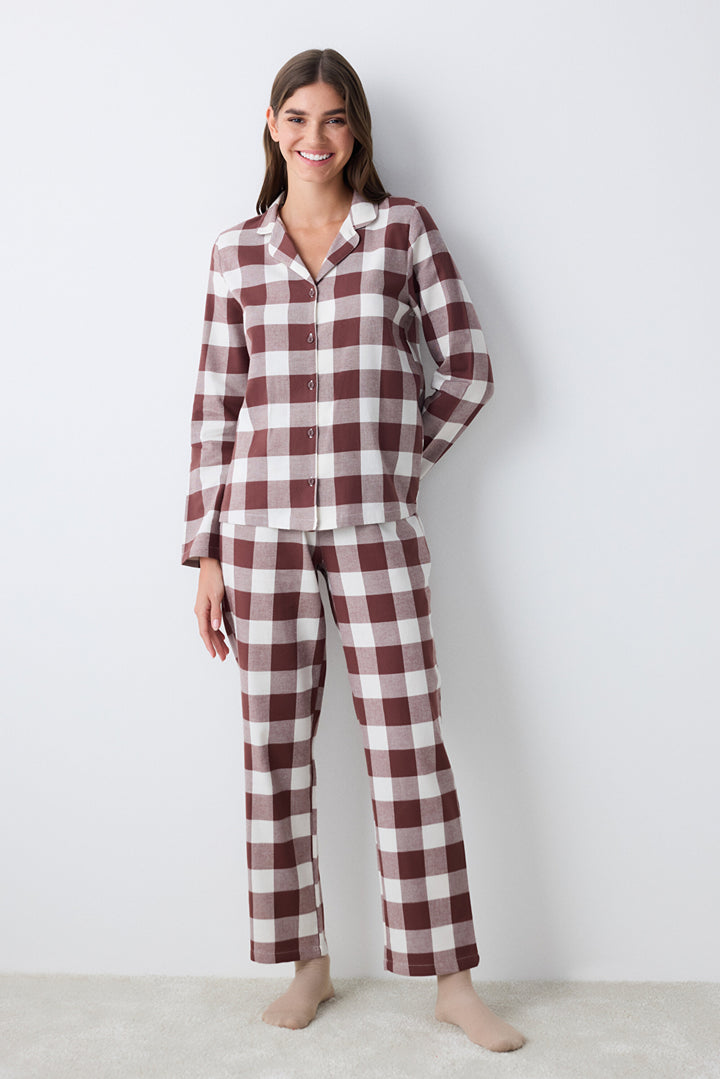 Cotton Brown Gingham Brown Shirt Pants Pajama Set