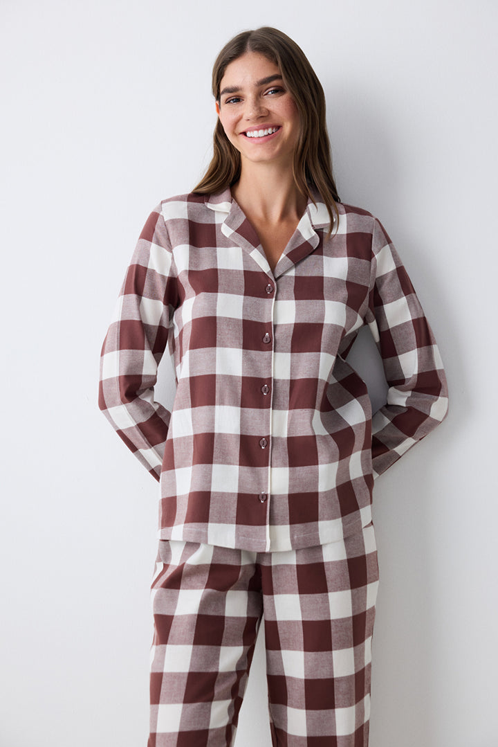 Cotton Brown Gingham Brown Shirt Pants Pajama Set