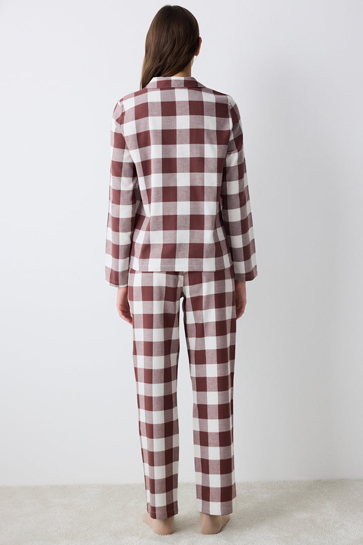 Cotton Brown Gingham Brown Shirt Pants Pajama Set