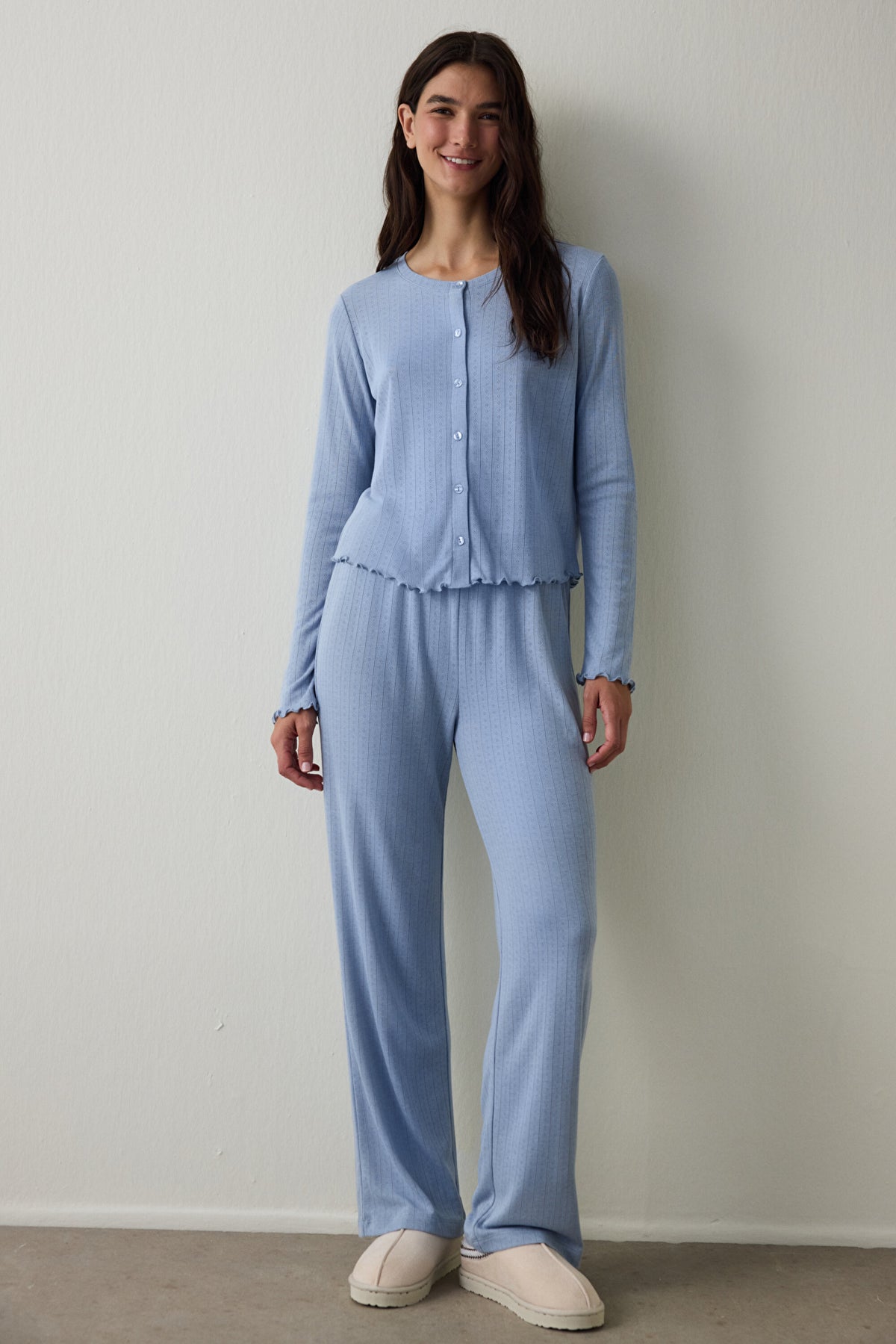 Light Blue Dahlia Crew Neck Long Sleeve Thermal Effect Pajama Set