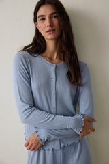 Light Blue Dahlia Crew Neck Long Sleeve Thermal Effect Pajama Set