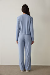 Light Blue Dahlia Crew Neck Long Sleeve Thermal Effect Pajama Set