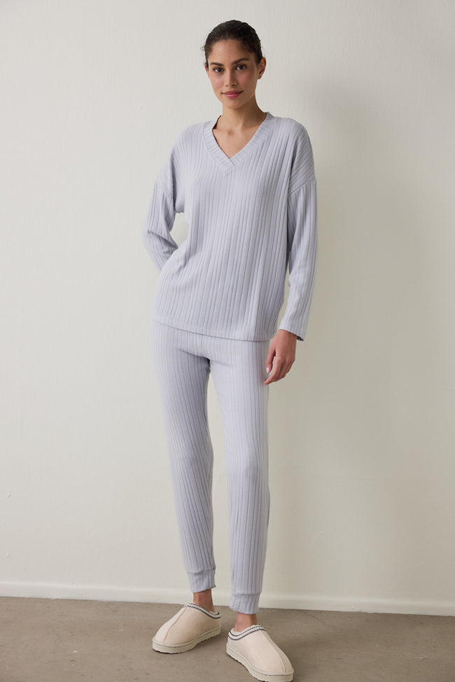 Light Grey Melange Cozy V-Neck Long-Sleeve Pajama Set Hover Image