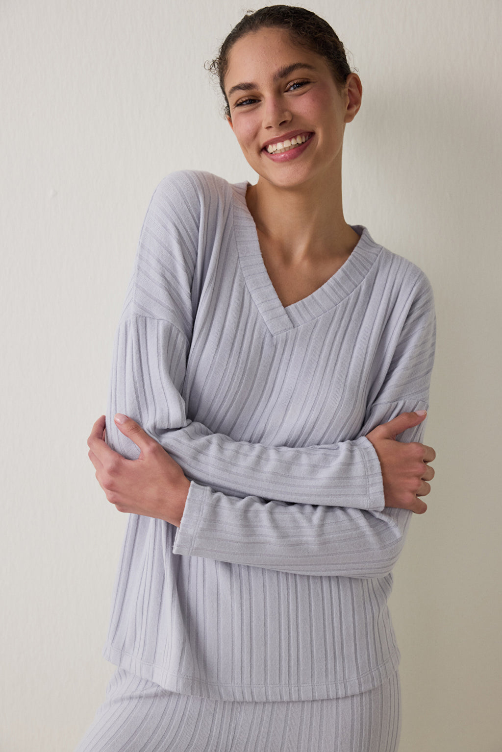 Light Grey Melange Cozy V-Neck Long-Sleeve Pajama Set