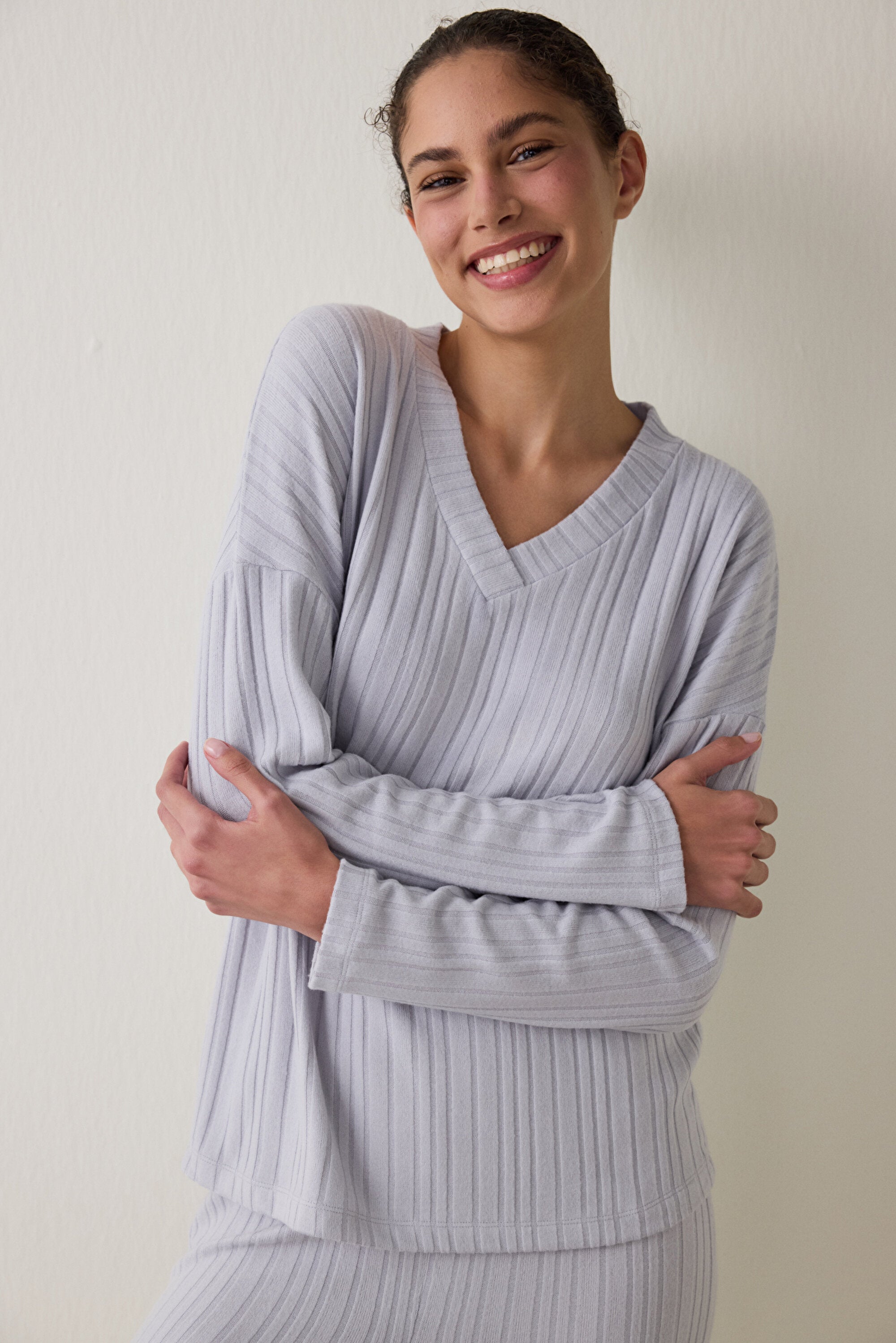 Light Grey Melange Cozy V-Neck Long-Sleeve Pajama Set