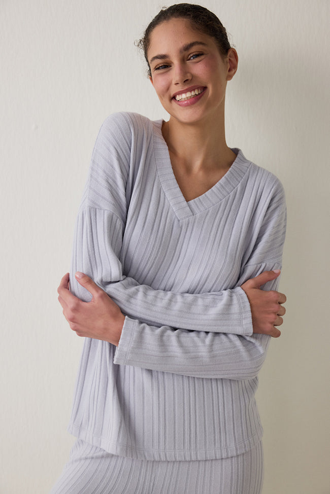 Light Grey Melange Cozy V-Neck Long-Sleeve Pajama Set Main Image