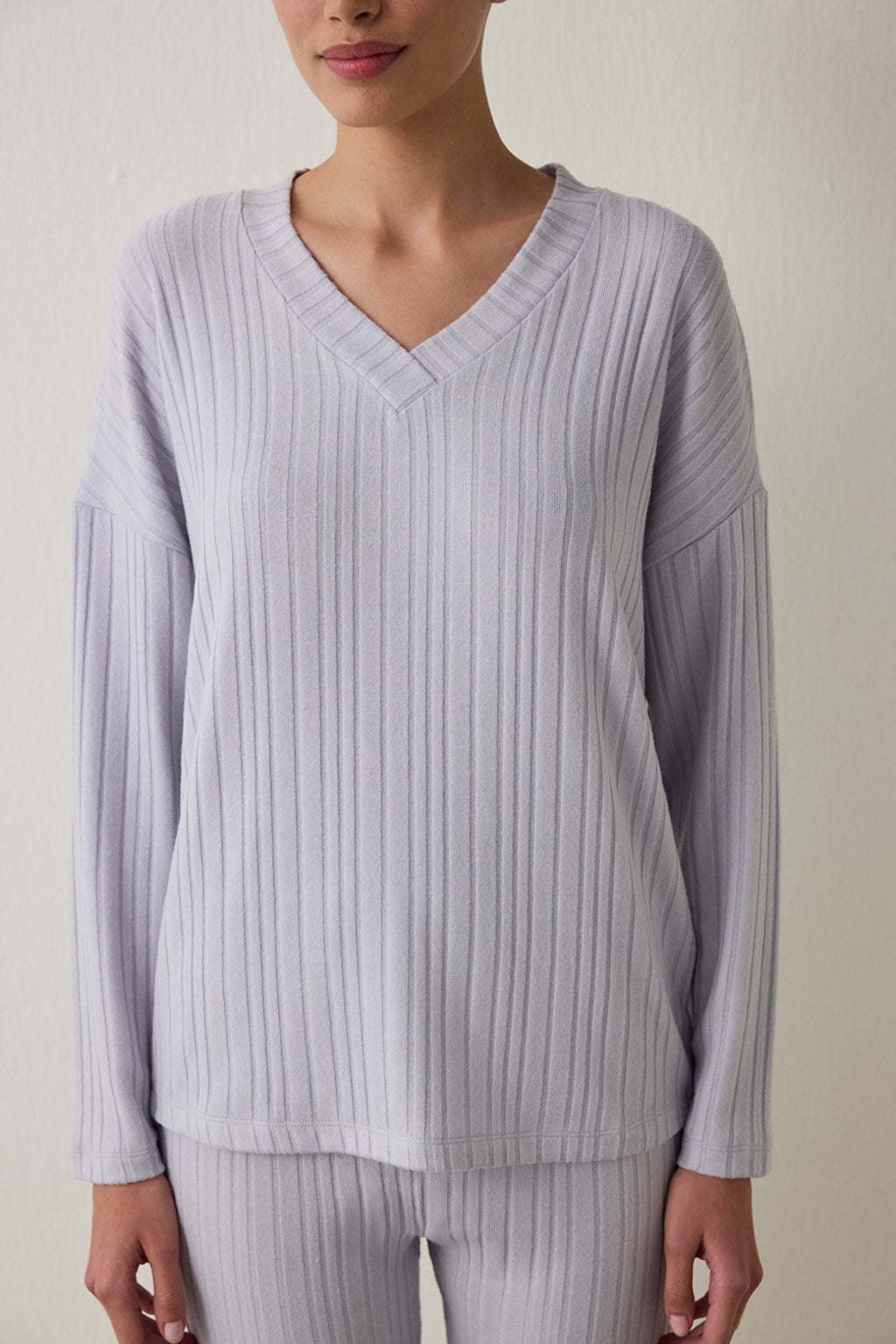 Light Grey Melange Cozy V-Neck Long-Sleeve Pajama Set