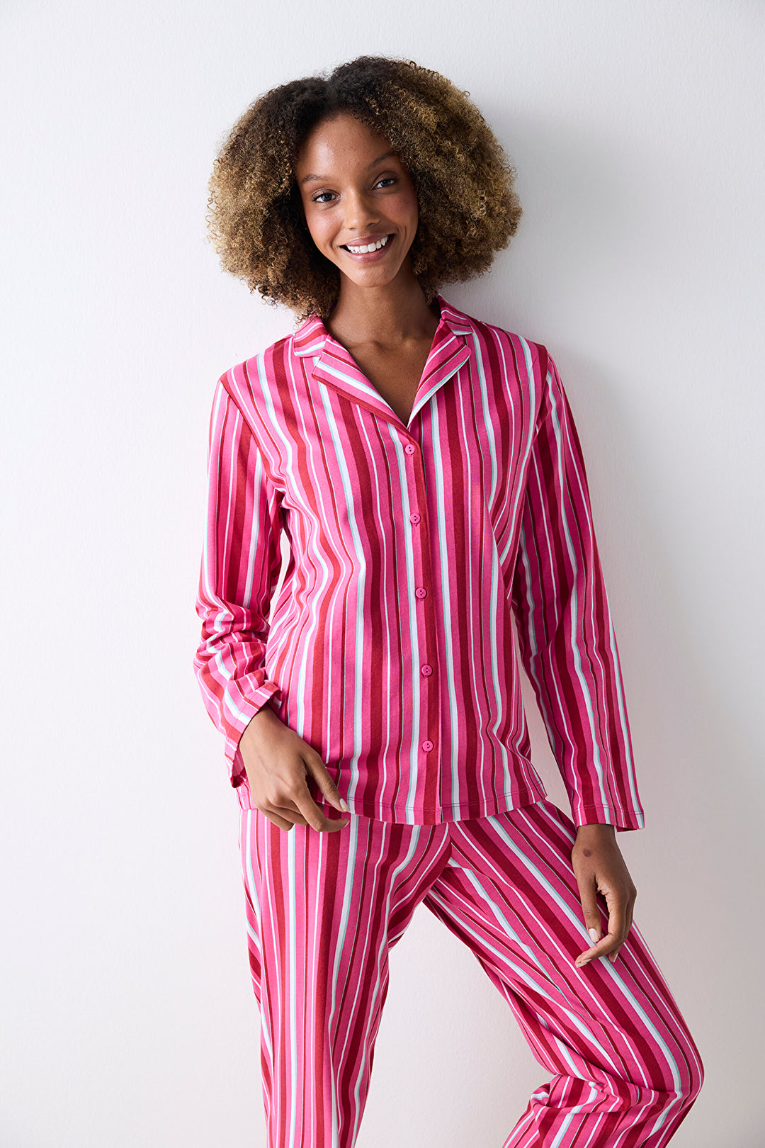 Cotton Bloom Striped Fuchsia Shirt Pants Pajama Set