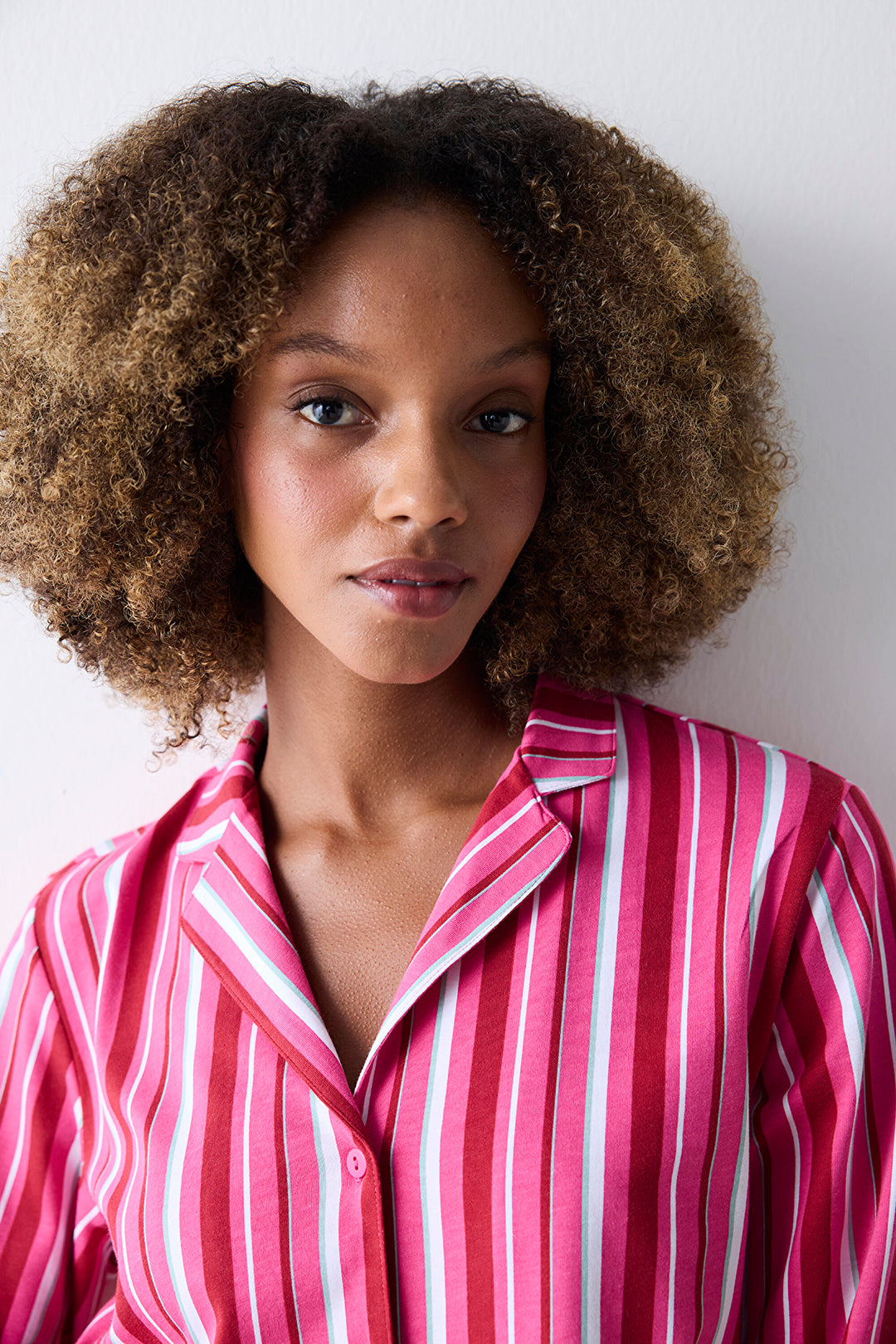 Cotton Bloom Striped Fuchsia Shirt Pants Pajama Set