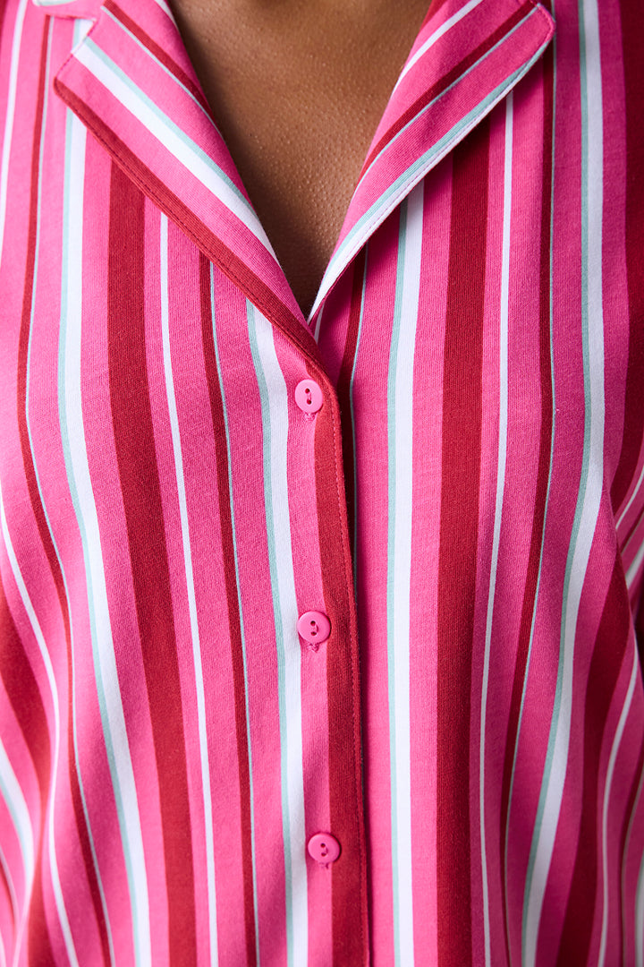 Cotton Bloom Striped Fuchsia Shirt Pants Pajama Set