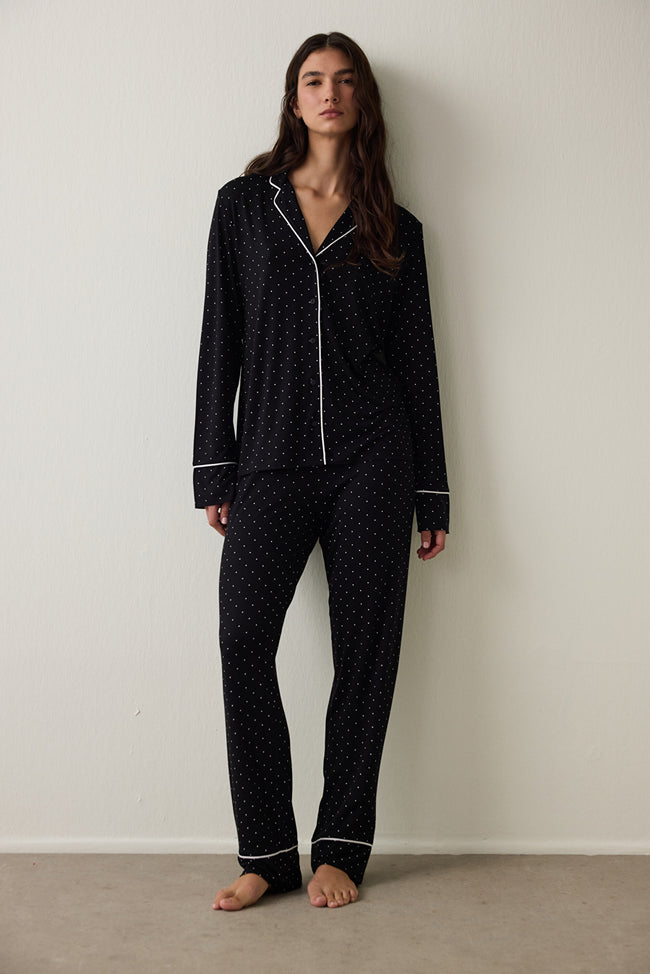 Black Polka Dot Patterned Long Sleeve Shirt Pajama Set Hover Image