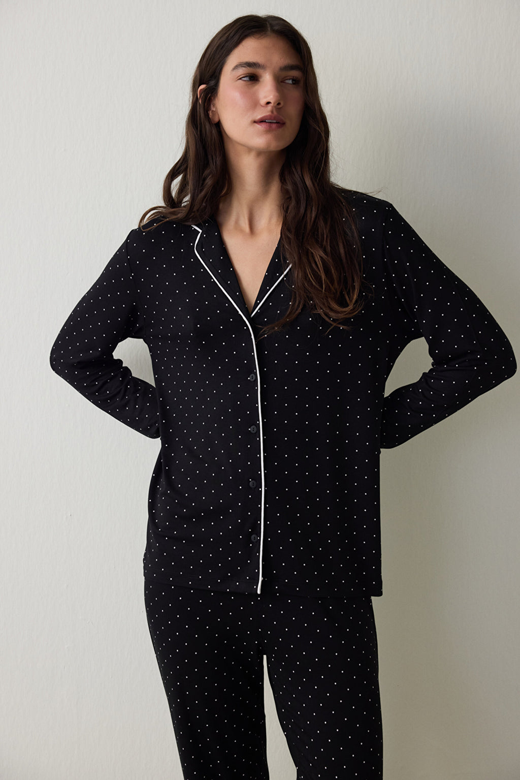 Black Polka Dot Patterned Long Sleeve Shirt Pajama Set