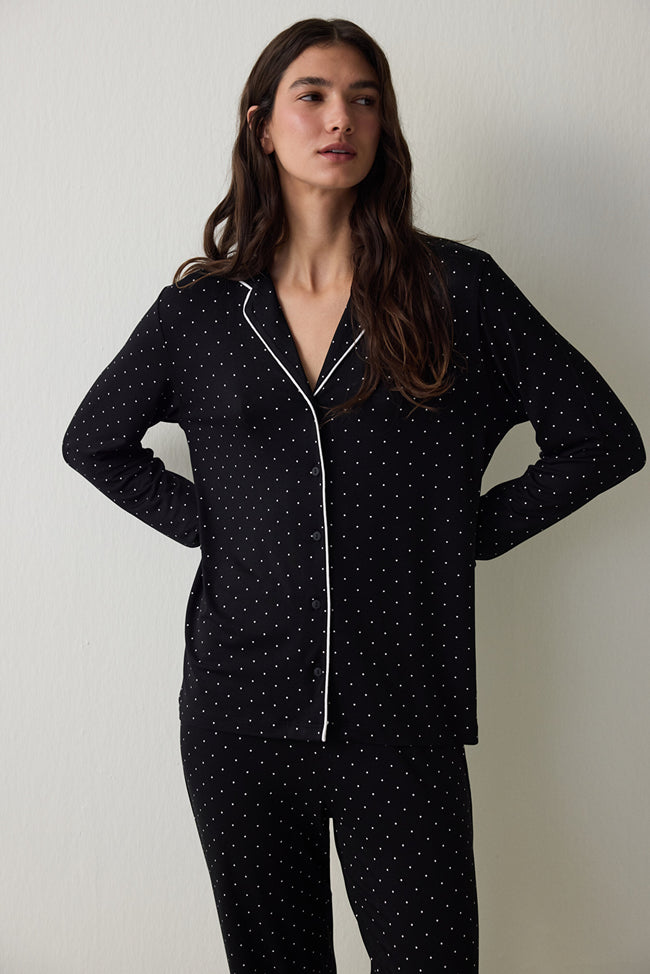 Black Polka Dot Patterned Long Sleeve Shirt Pajama Set Main Image