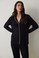 Black Polka Dot Patterned Long Sleeve Shirt Pajama Set
