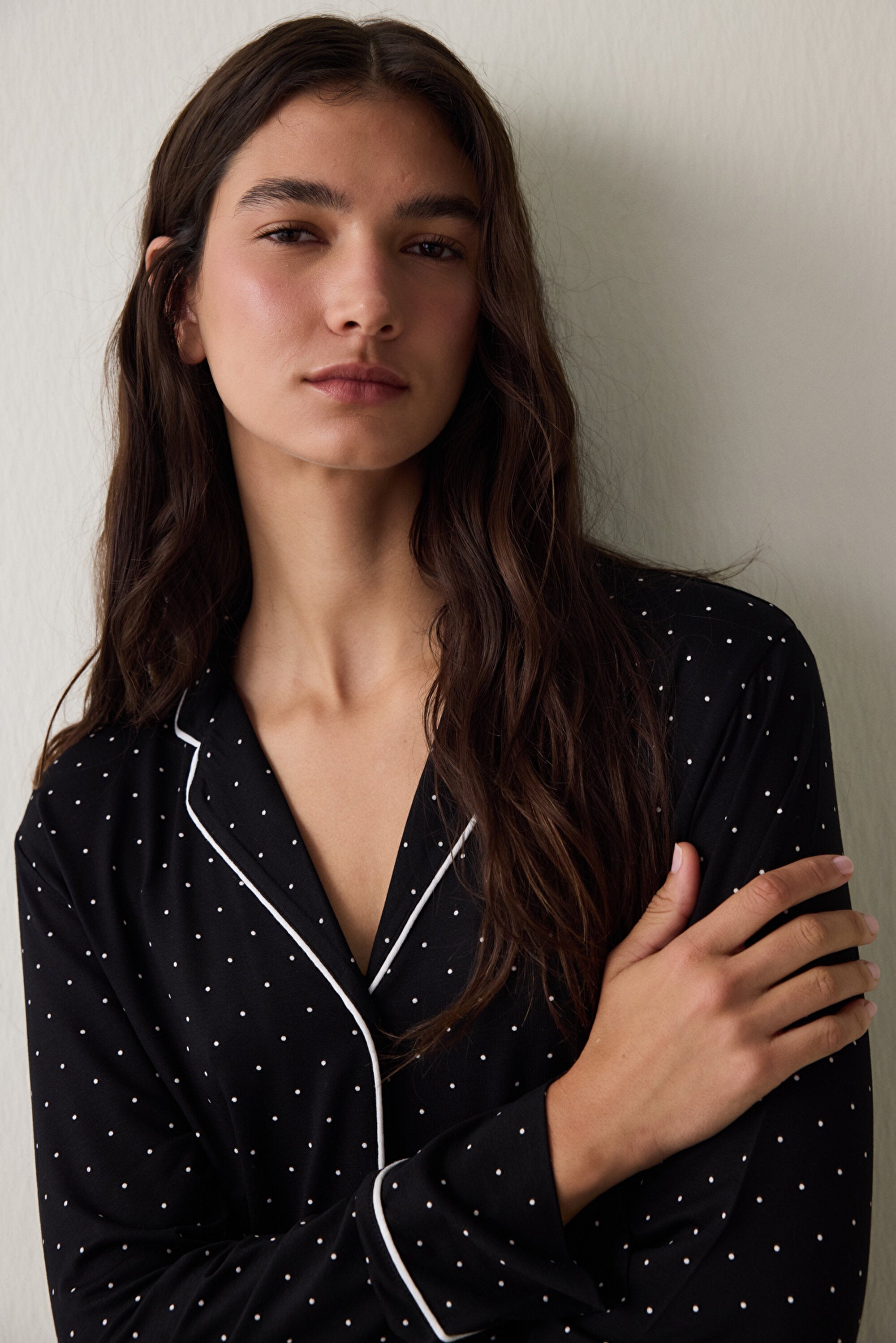 Black Polka Dot Patterned Long Sleeve Shirt Pajama Set