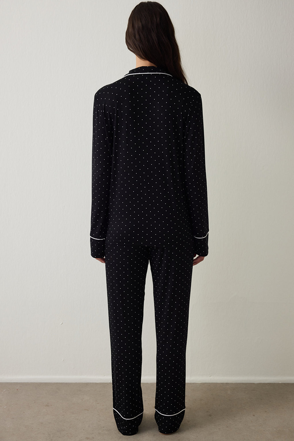 Black Polka Dot Patterned Long Sleeve Shirt Pajama Set