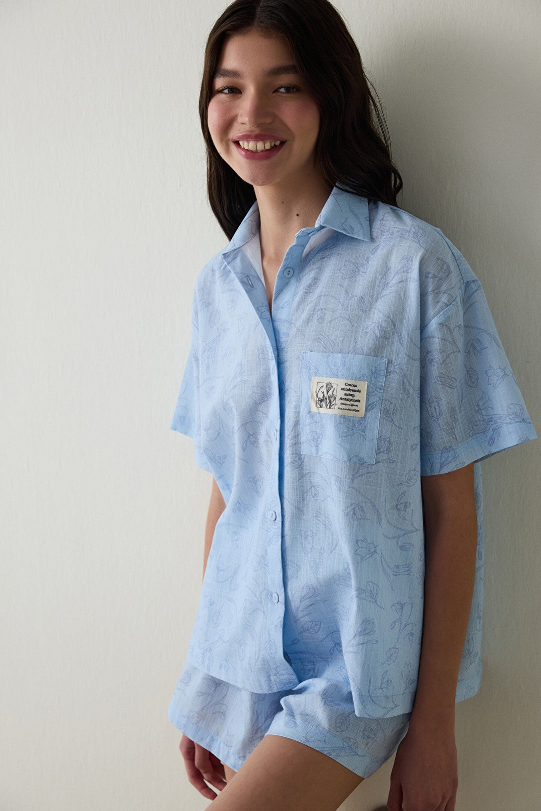 Light Blue Antalya Çiğdemi Cotton Floral Shirt Shorts Pajama Set - Inspired by Flora