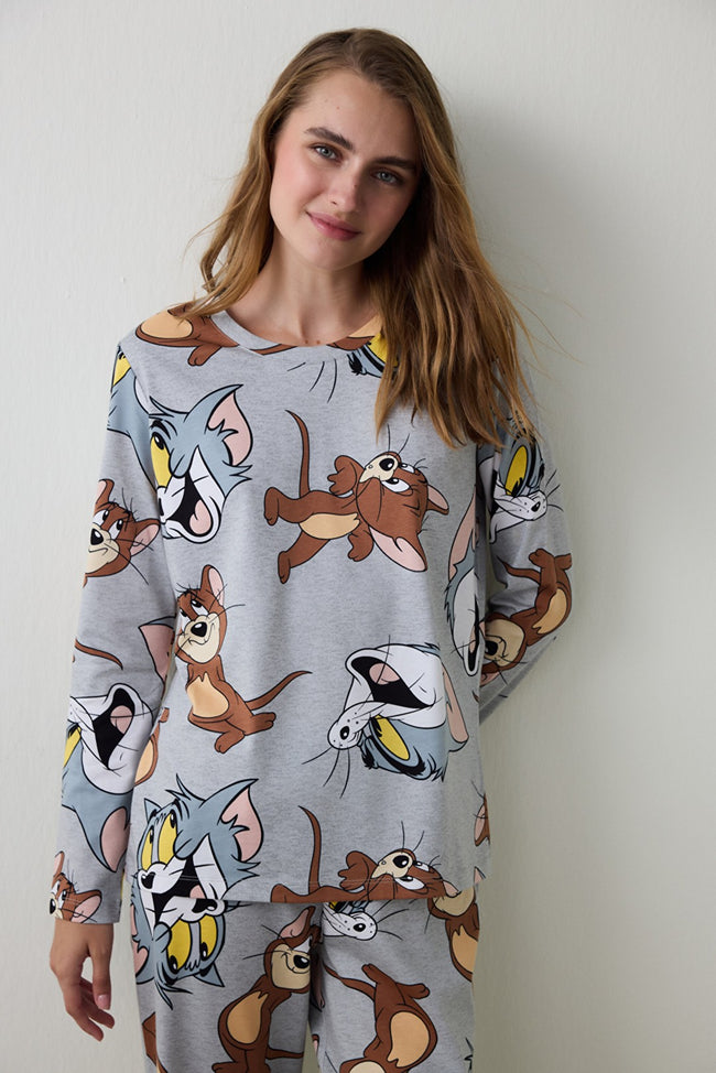 Gray Melange Friends Printed Crew Neck Long Sleeve Pajama Set Main Image
