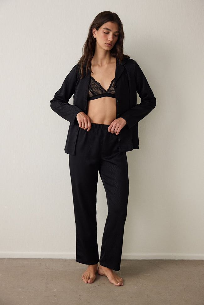 Black Fleur Satin Shirt Collar Long Sleeve Pajama Set Hover Image
