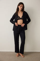 Black Fleur Satin Shirt Collar Long Sleeve Pajama Set
