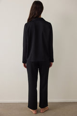 Black Fleur Satin Shirt Collar Long Sleeve Pajama Set