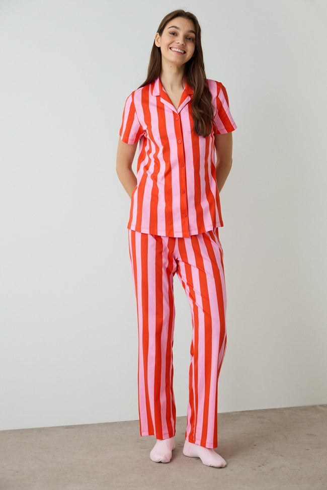 Mercan Chill Days Striped Shirt Collar Cotton Short Sleeve Pajama Set Hover Image