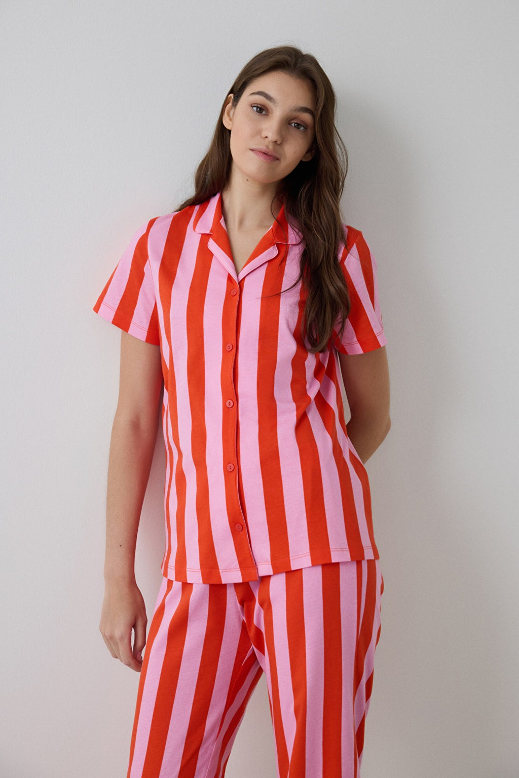 Mercan Chill Days Striped Shirt Collar Cotton Short Sleeve Pajama Set