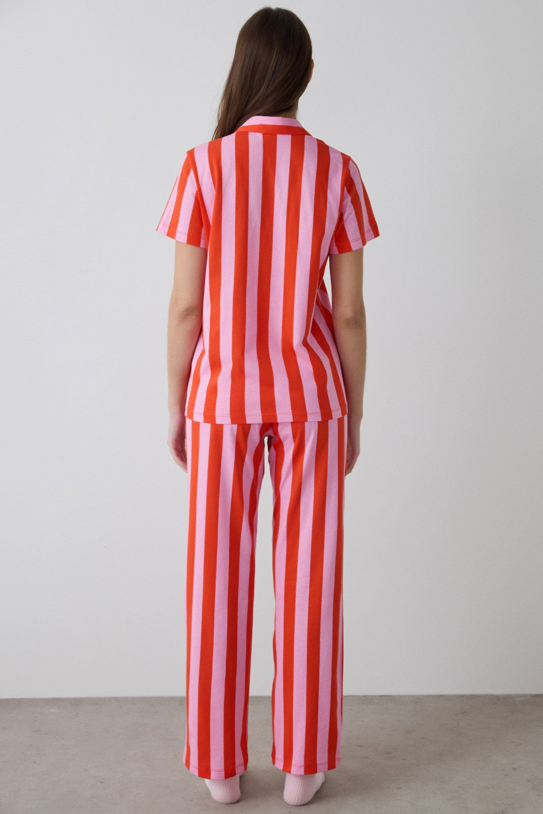 Mercan Chill Days Striped Shirt Collar Cotton Short Sleeve Pajama Set