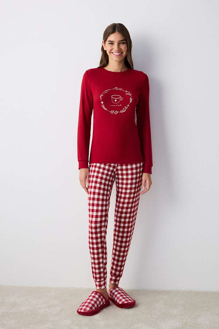 Coffee Time Red Thermal Pants Pajama Set