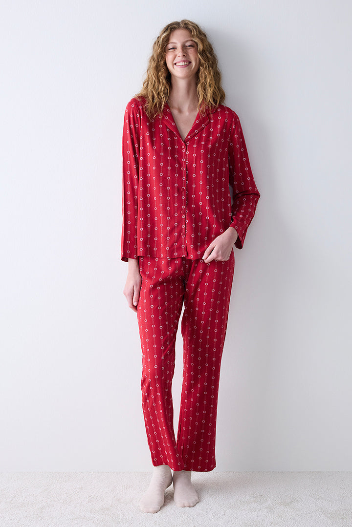 Bloom Red Button Down Shirt Pants Pajama Set