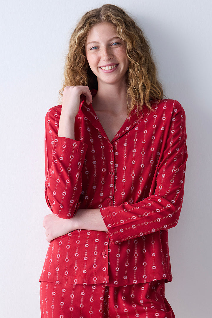 Bloom Red Button Down Shirt Pants Pajama Set