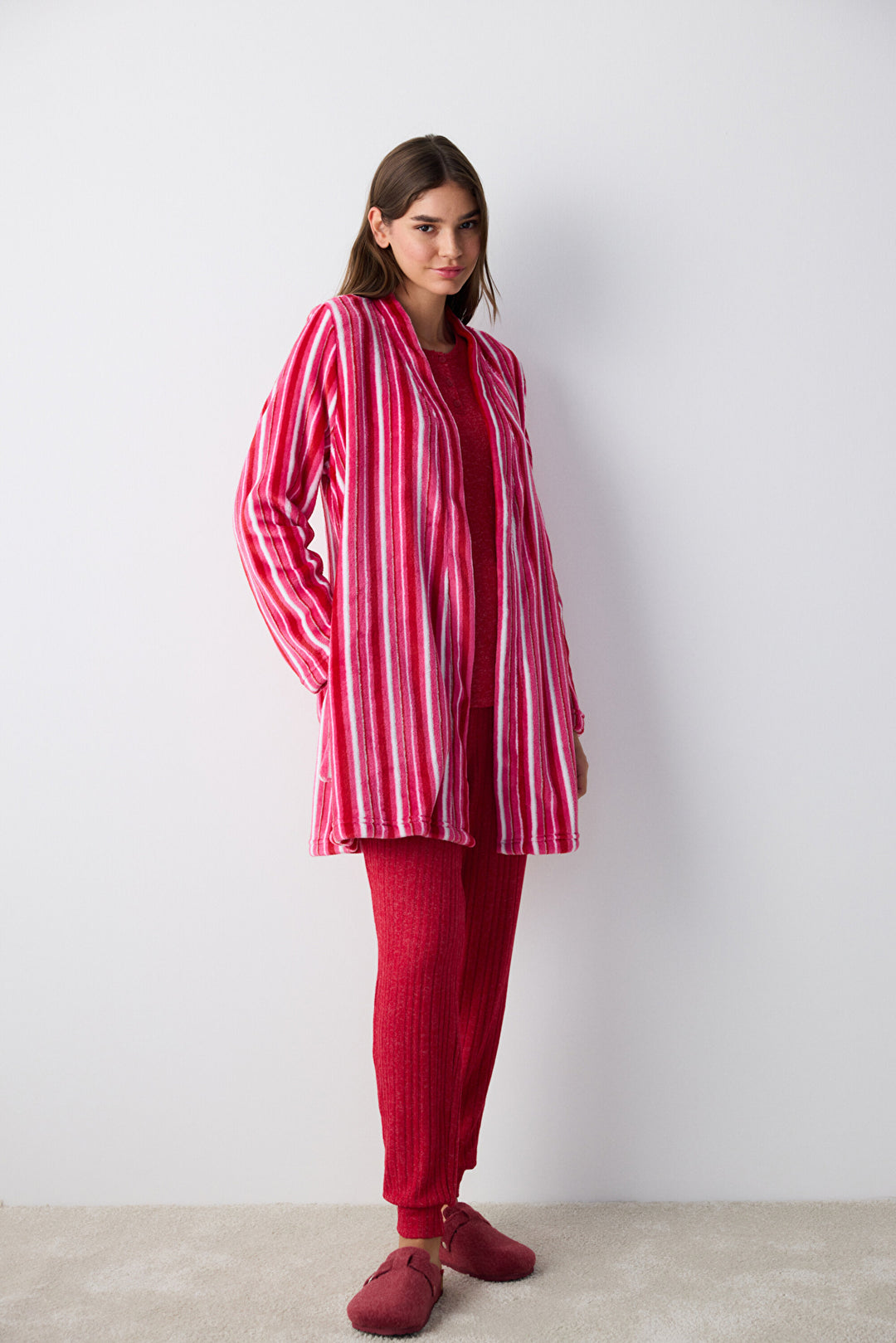 Soft Colored Striped Fuchsia Dressing Gown