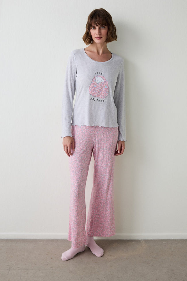 Light Gray Melange Not Today Printed U-Neck Long Sleeve Pajama Top Hover Image