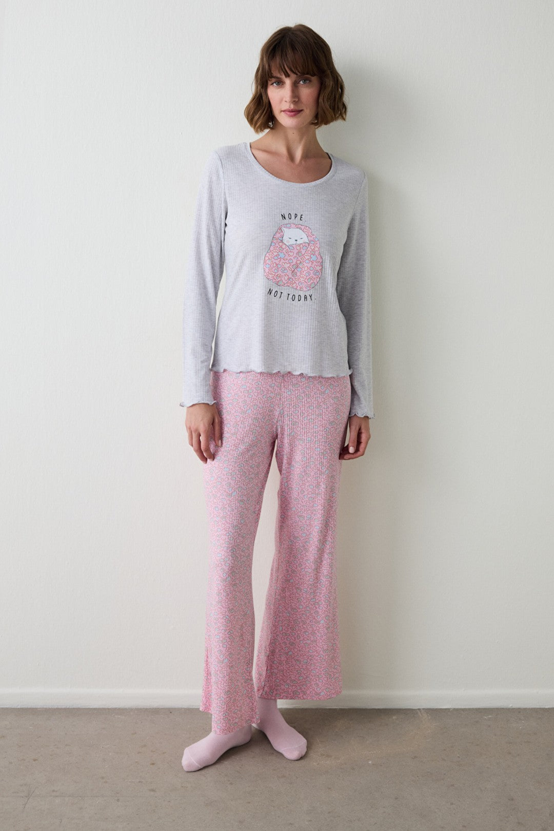 Light Gray Melange Not Today Printed U-Neck Long Sleeve Pajama Top