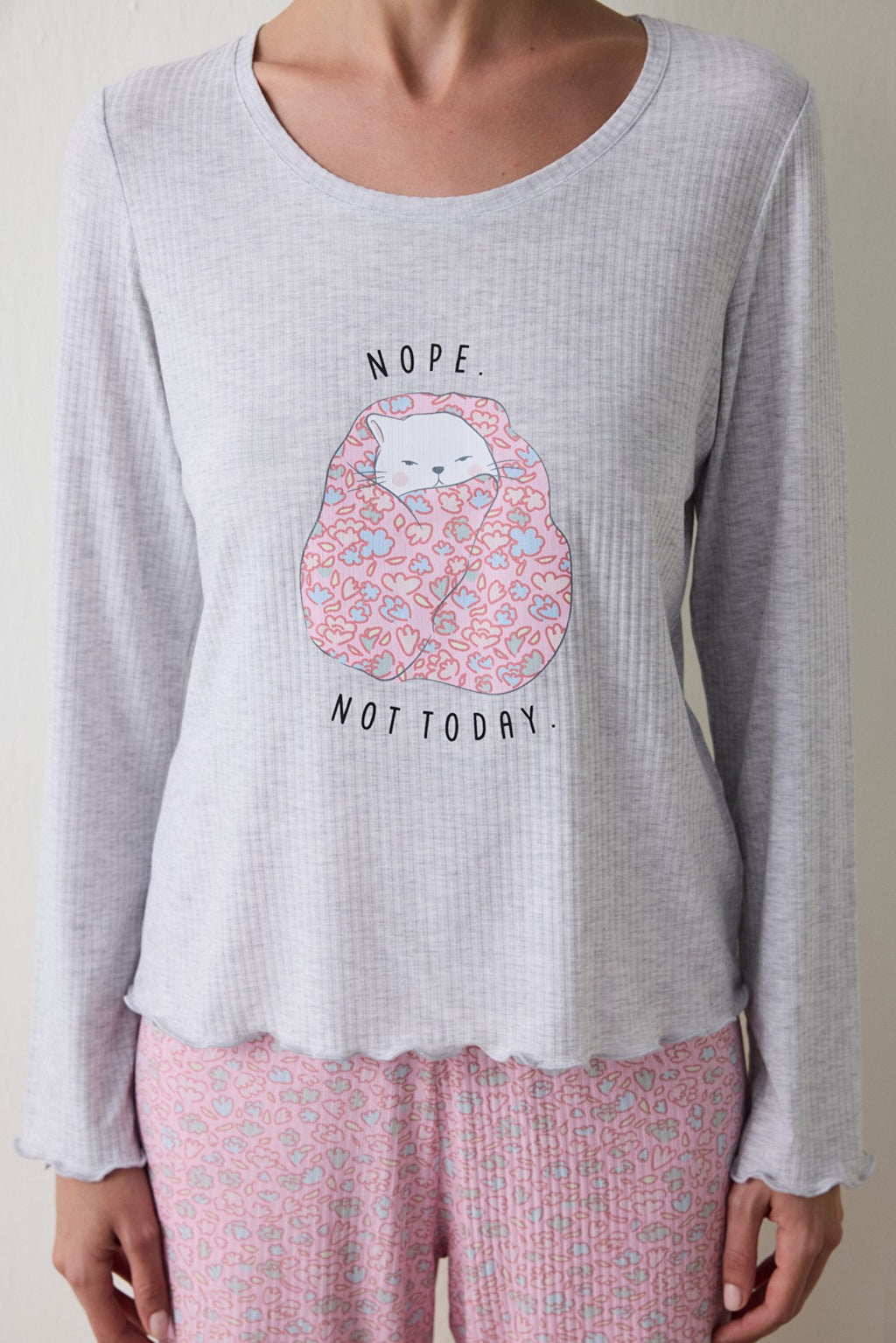 Light Gray Melange Not Today Printed U-Neck Long Sleeve Pajama Top