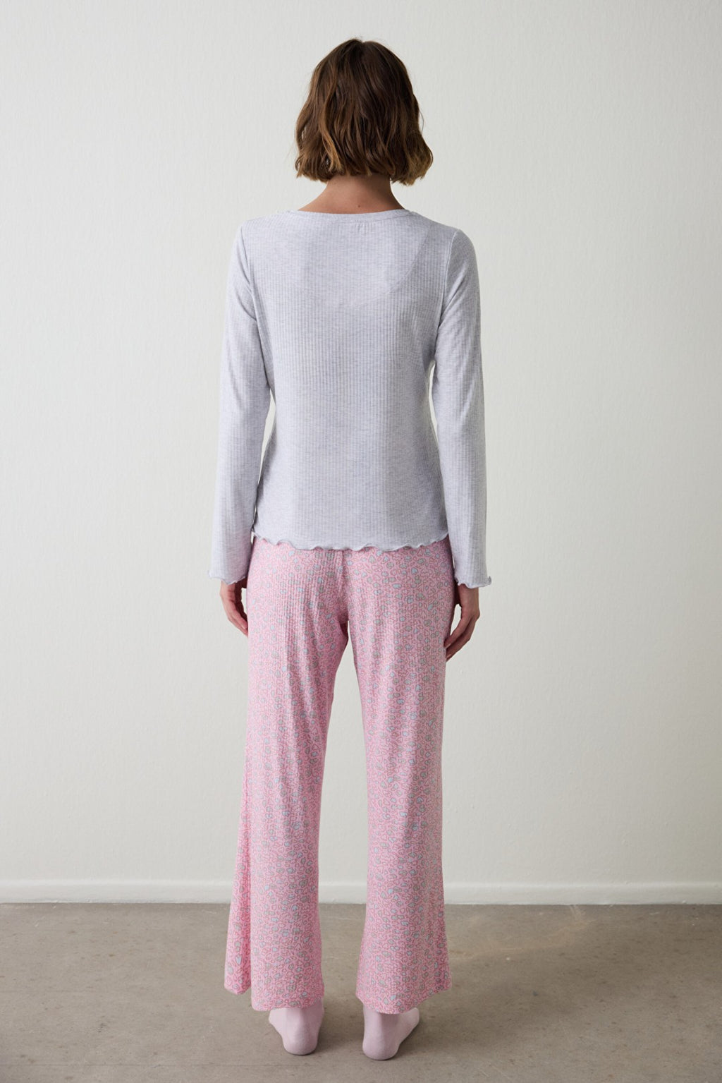 Light Gray Melange Not Today Printed U-Neck Long Sleeve Pajama Top