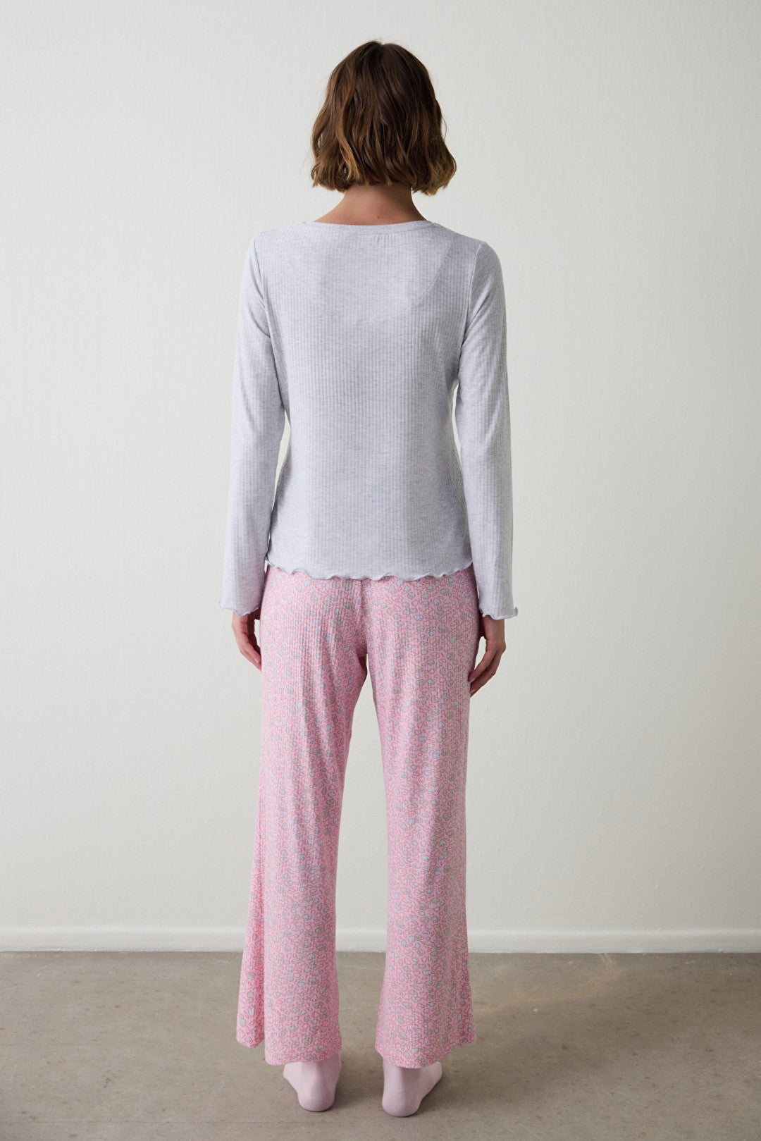 Light Gray Melange Not Today Printed U-Neck Long Sleeve Pajama Top