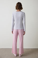 Light Gray Melange Not Today Printed U-Neck Long Sleeve Pajama Top