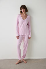 Light Pink Cozy Time V-Neck Long Sleeve Pajama Set