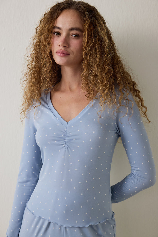 Light Blue Dreamy Polka Dot V-Neck Long-Sleeve Pajama Set Main Image