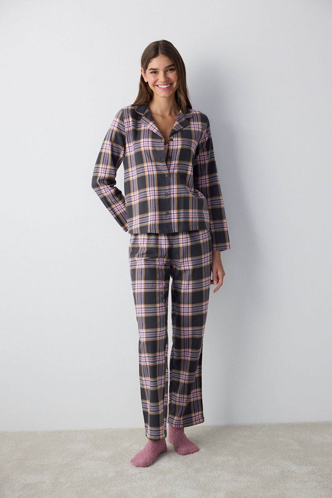 Cotton Halie Checked Anthracite Shirt Pants Pajama Set