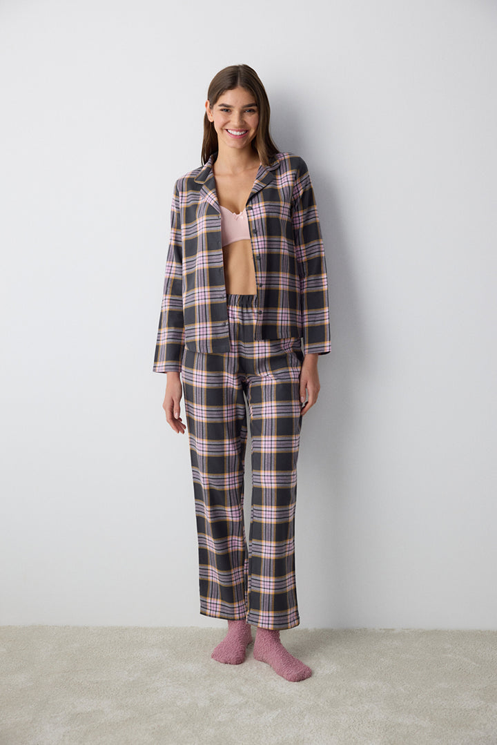 Cotton Halie Checked Anthracite Shirt Pants Pajama Set