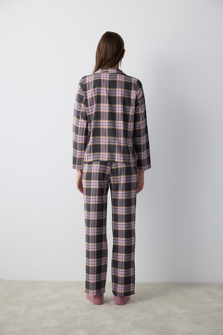 Cotton Halie Checked Anthracite Shirt Pants Pajama Set