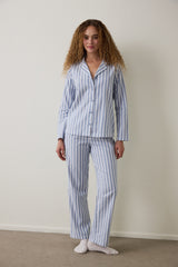 Light Blue Cozy Striped Shirt Collar Button-Down Cotton Long Sleeve Pajama Set