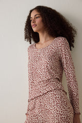 Beige Dreaming Leopard Print Crew Neck Long Sleeve Pajama Top