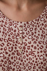 Beige Dreaming Leopard Print Crew Neck Long Sleeve Pajama Top